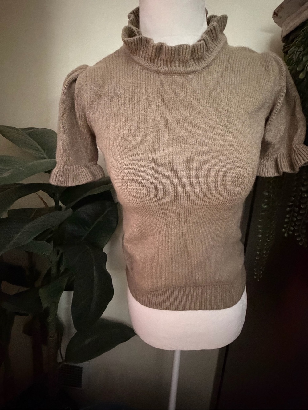 Philosophy Sage Green Ruffled Mock Neck Short Sleeve Sweater